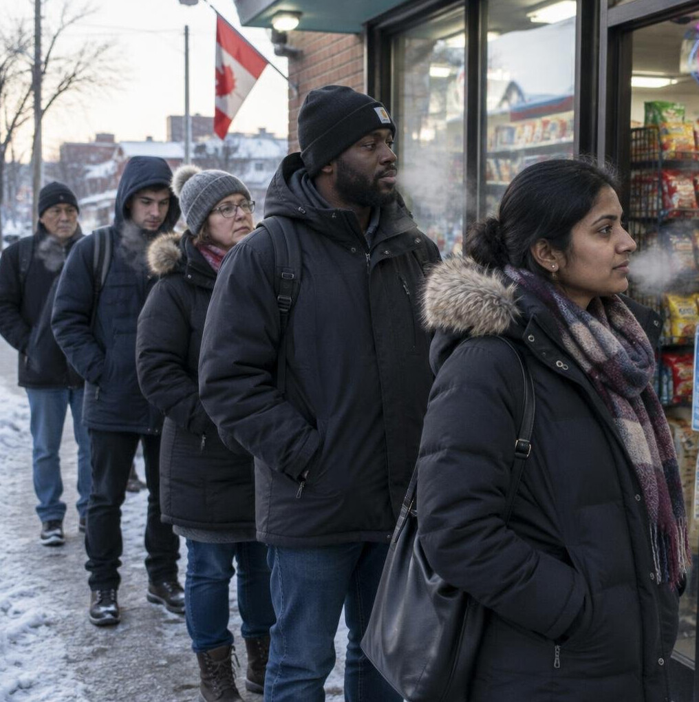 People waiting in line outside a corner store