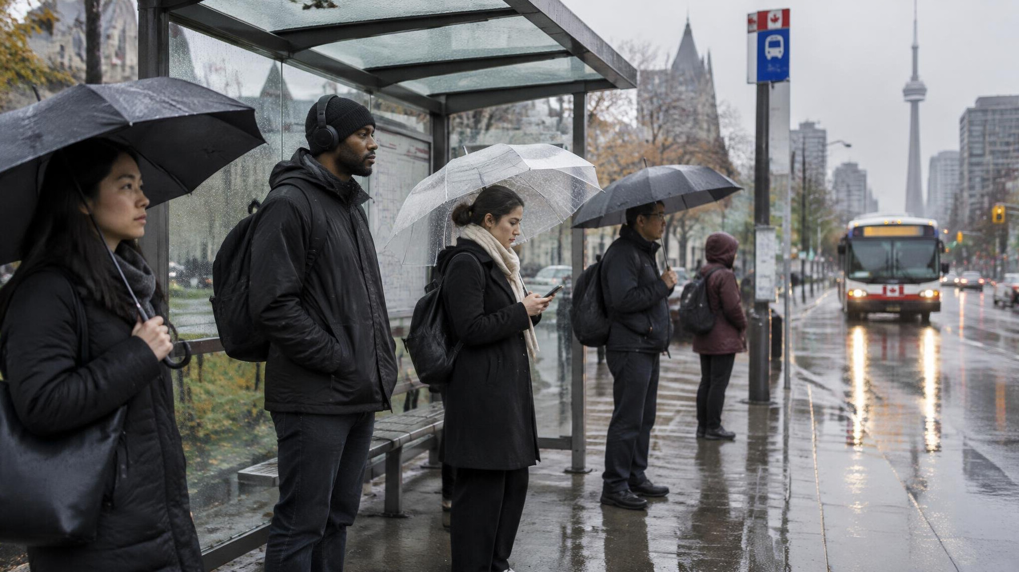Commuters waiting at a city bus stop in the rain