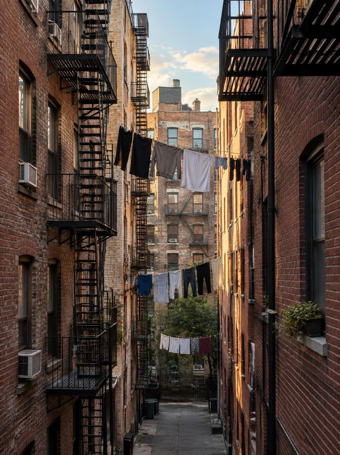 Narrow city alley with fire escapes and laundry lines