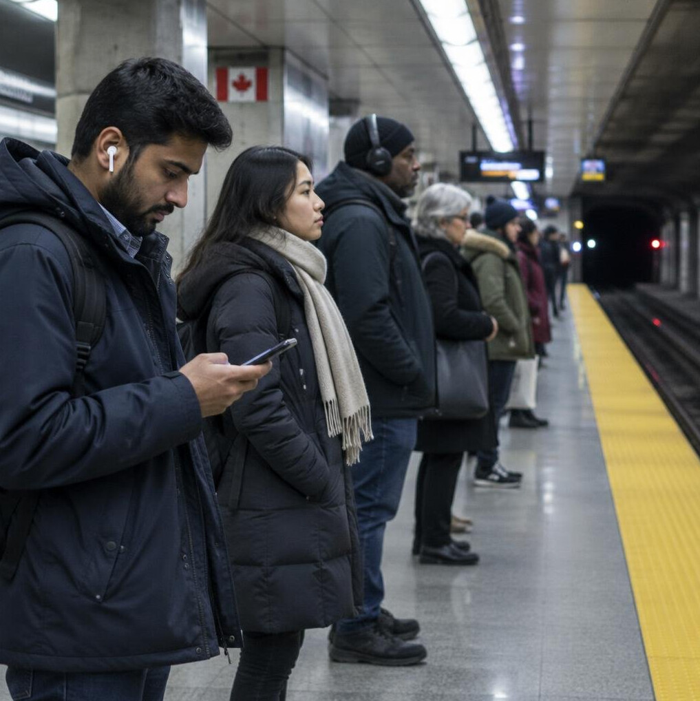 Commuters waiting in line on a subway platform