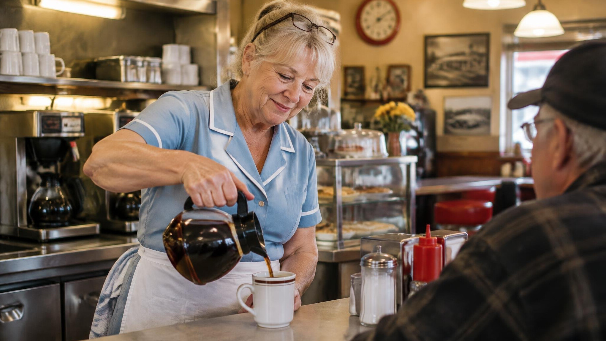 Server pouring coffee for a customer at a diner counter