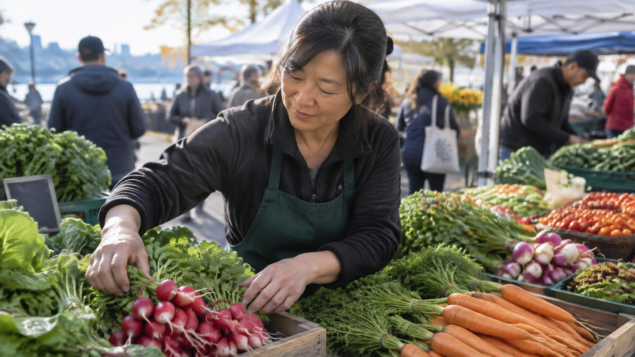Vendor arranging produce at an outdoor market stall