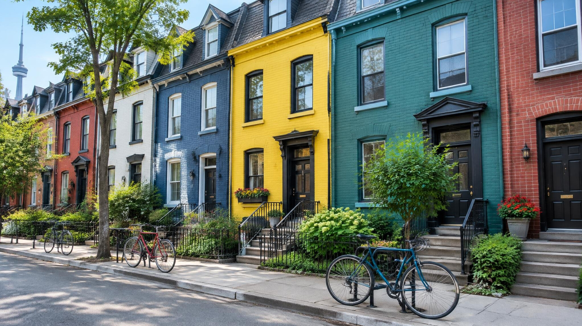 Row of colorful rowhouses on a Canadian city street