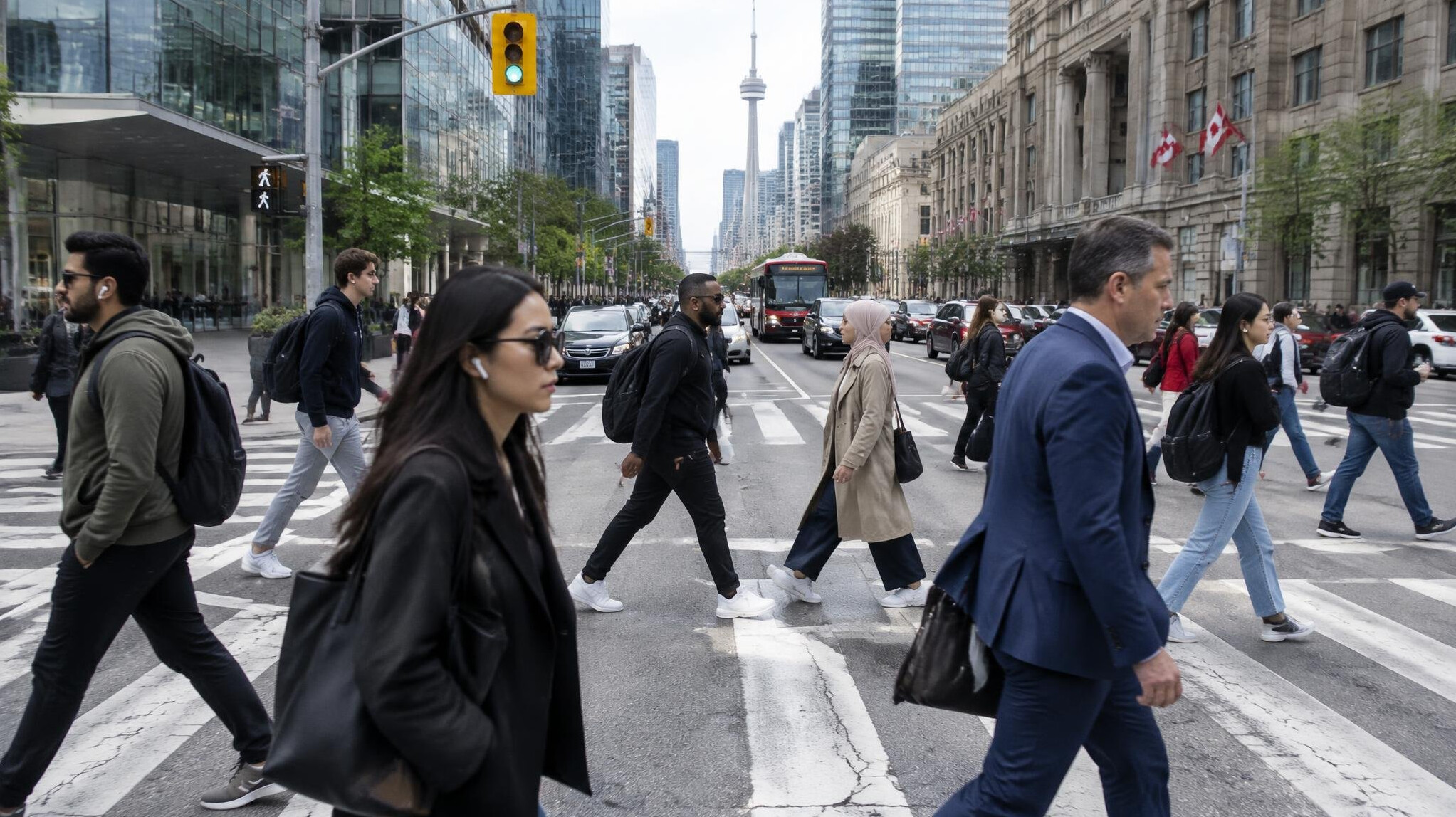 Pedestrians crossing a wide city intersection