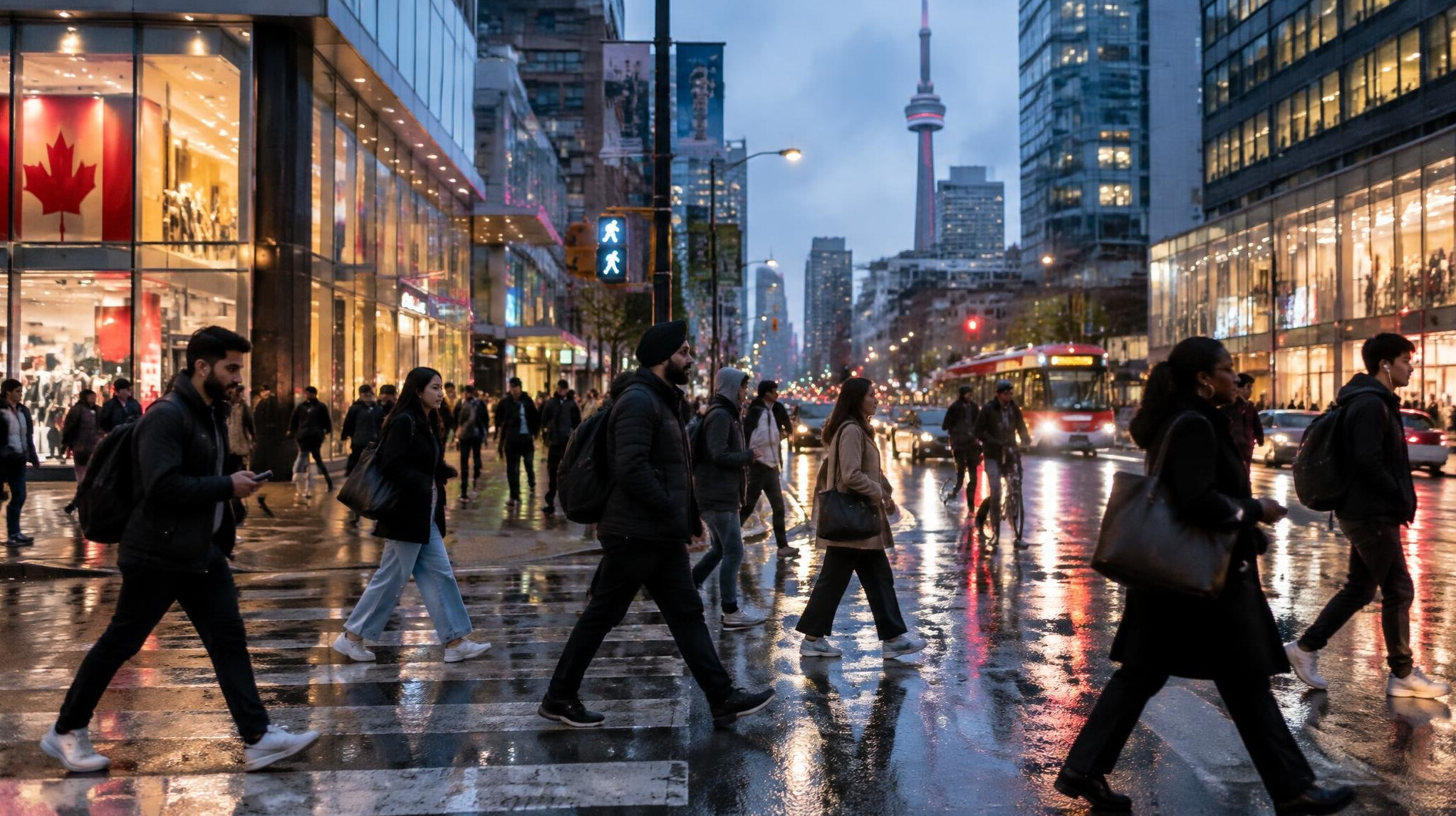 Busy downtown street in a Canadian city at dusk