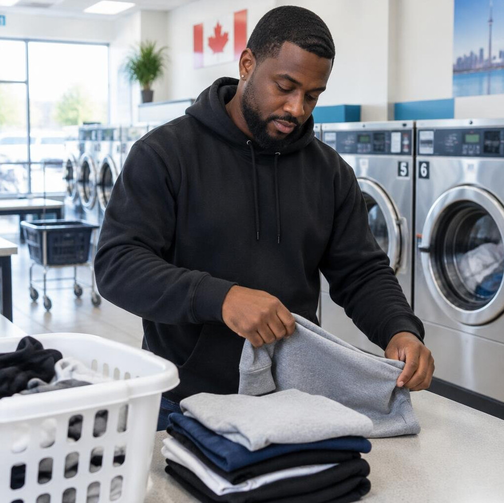 Man folding laundry inside a laundromat