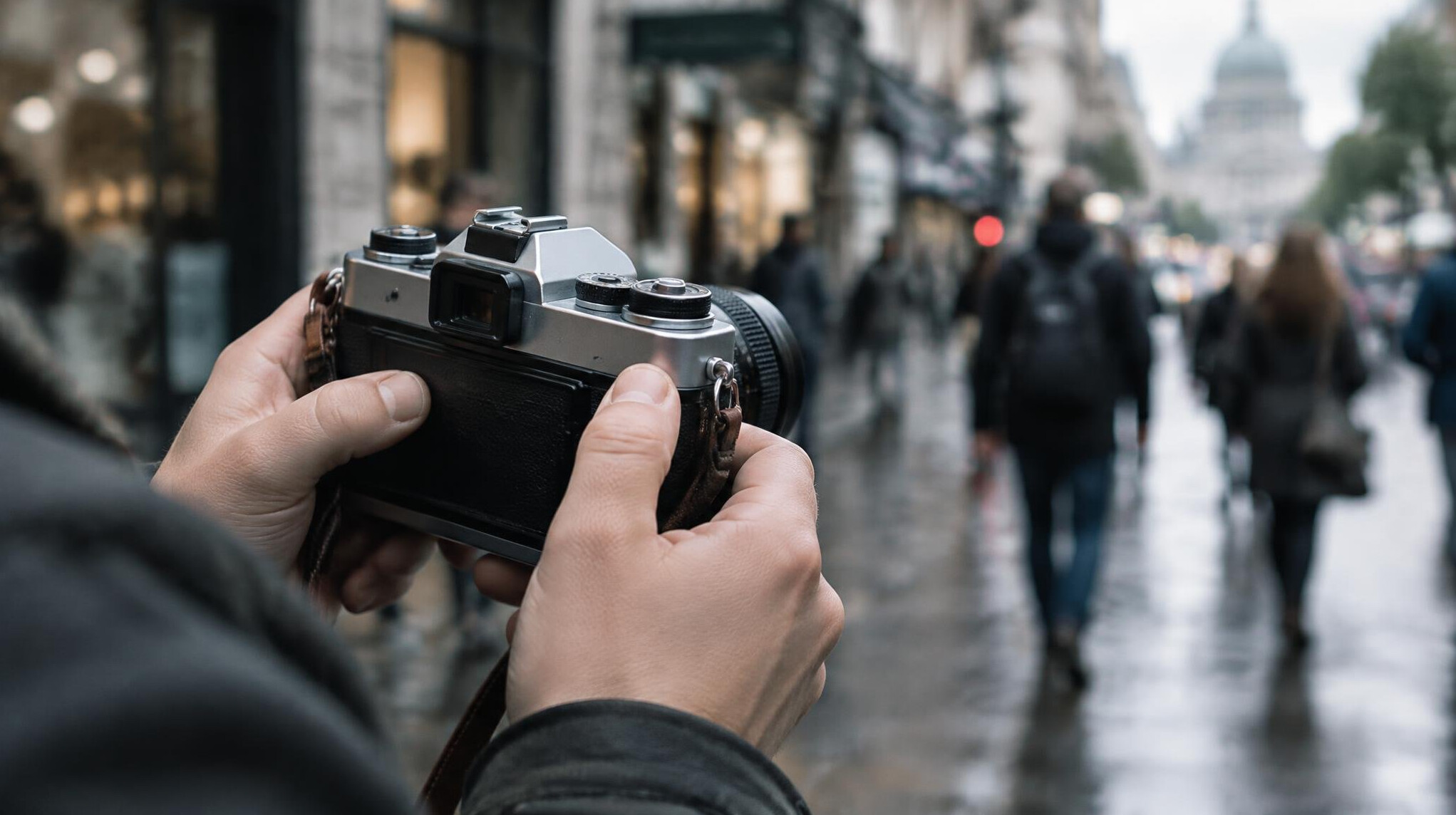 Close up of hands holding a film camera on a city street
