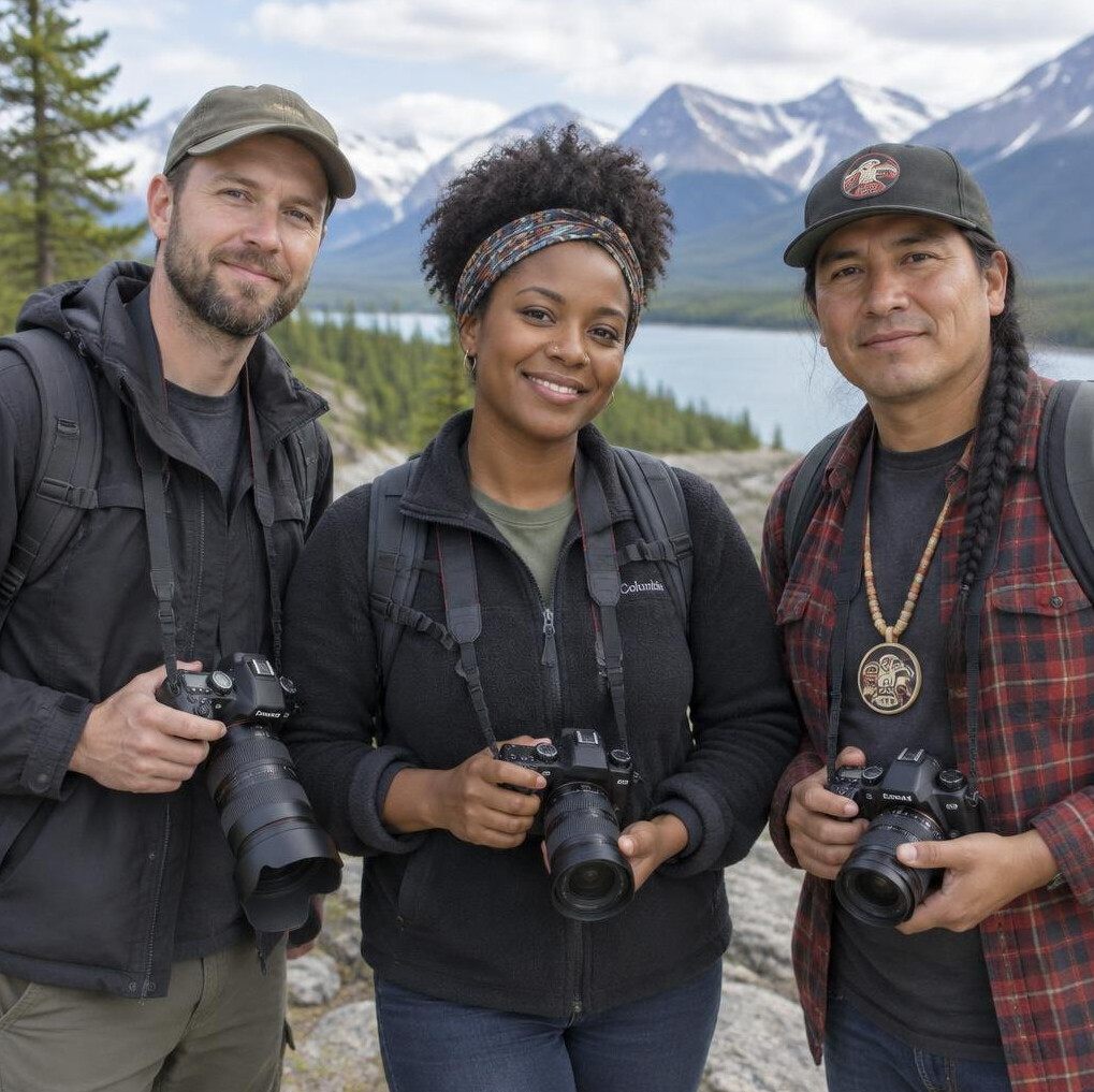 Three documentary photographers standing together with cameras