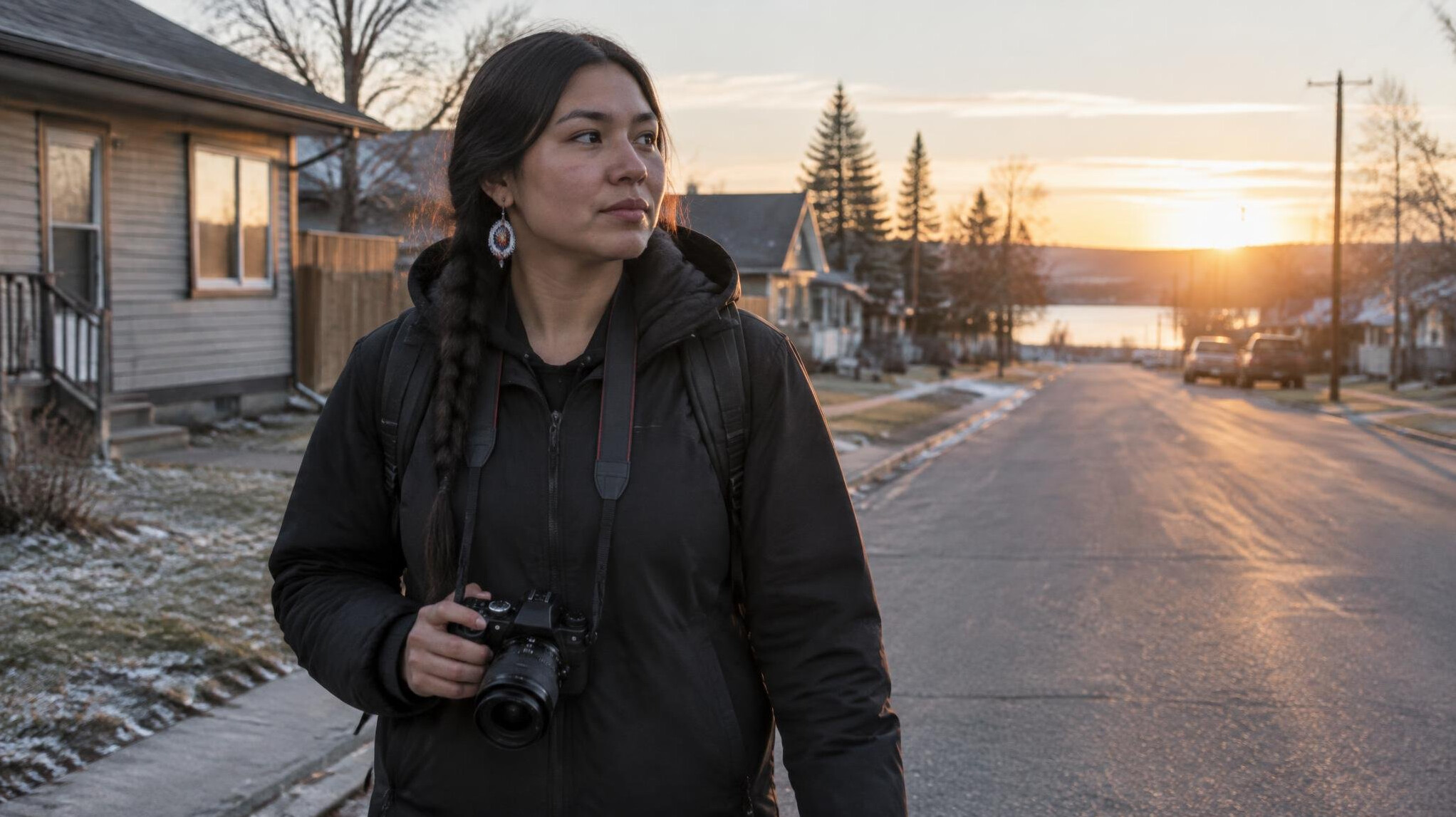 Photographer walking through a quiet residential street at sunrise